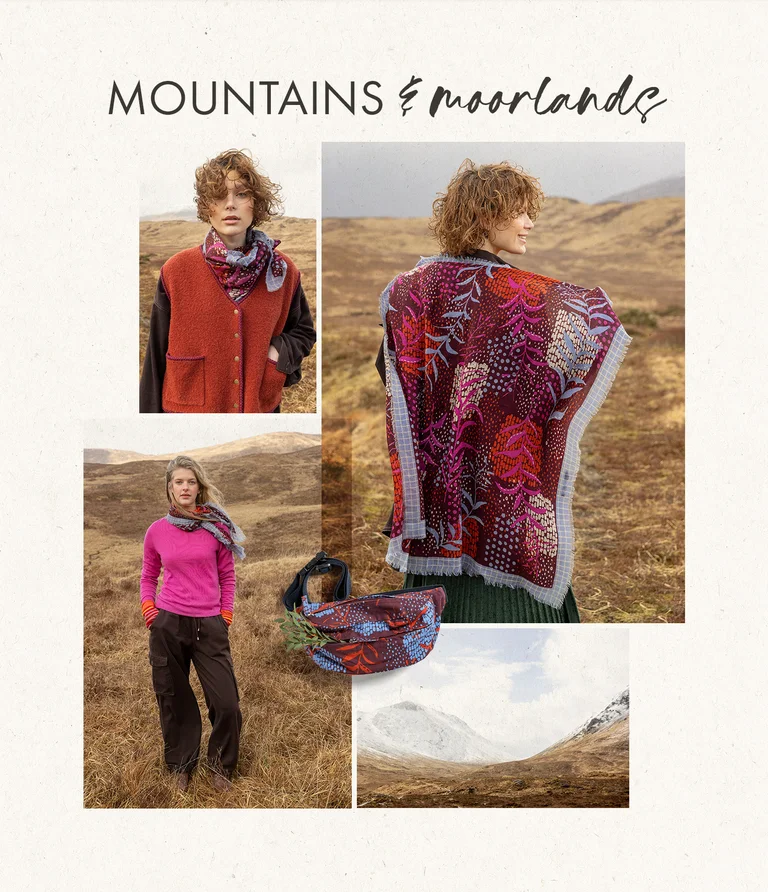 A collage of women wearing clothing and accessories from Gudrun Sjödén. The collage also has an image of a bag and a picture of a mountain setting.