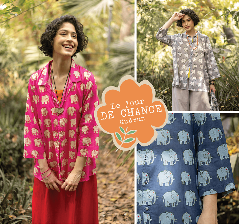 Un collage de photos avec une femme portant tour à tour chacun des trois coloris de la blouse ”Elephant” à motif d'éléphants signée Gudrun Sjöd én.