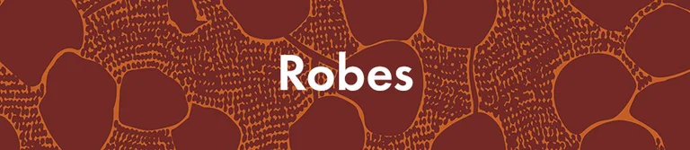 Un motif rouge foncé avec le texte « Robes » en blanc.
