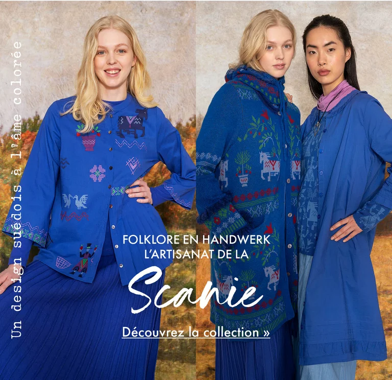 A collage with three photos of: two women wearing folk-art patterned clothes, a close-up of a woman wearing a blue knitted balaclava with a floral pattern, and a woman wearing a blue embroidered blouse and blue skirt from Gudrun Sjödén. A painted autumnal landscape is visible in the background.