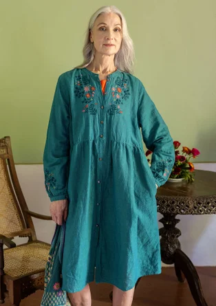 Robe "Marianne" en tissu de coton biologique/lin - pétrole foncé