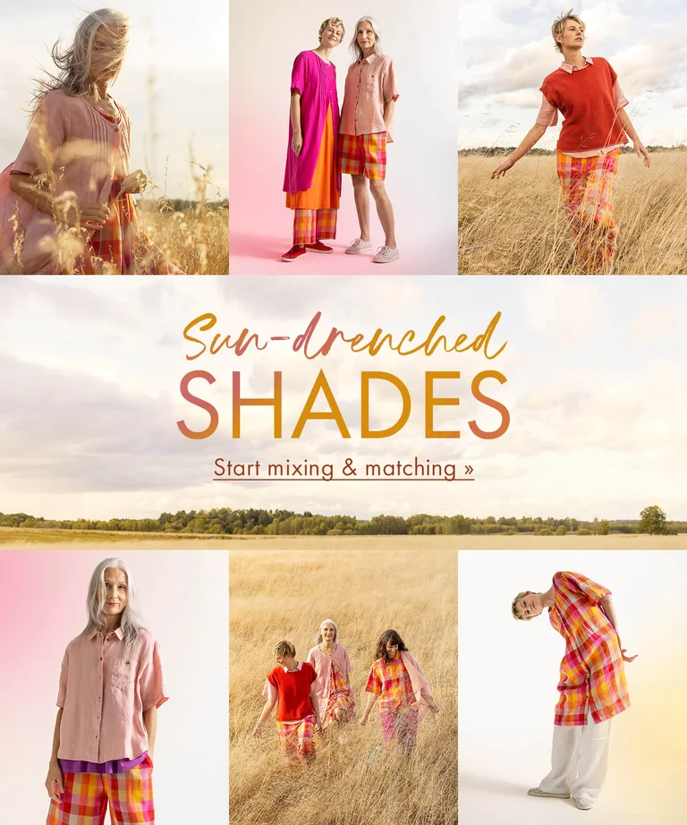 A collage of women wearing colourful linen clothes from Gudrun Sjödén. 