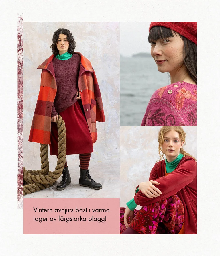 Ett kollage med kvinnor klädda i färgglada kläder från Gudrun Sjödéns vinterkollektion. 