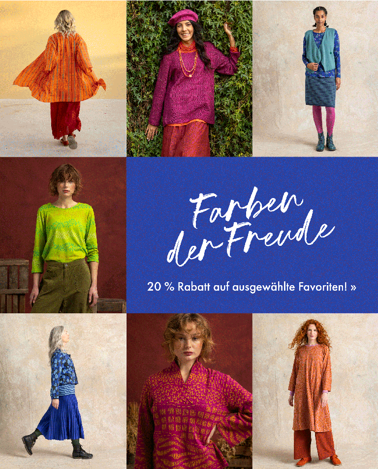 A collage of multiple images of women wearing colourful clothes from Gudrun Sjödén.