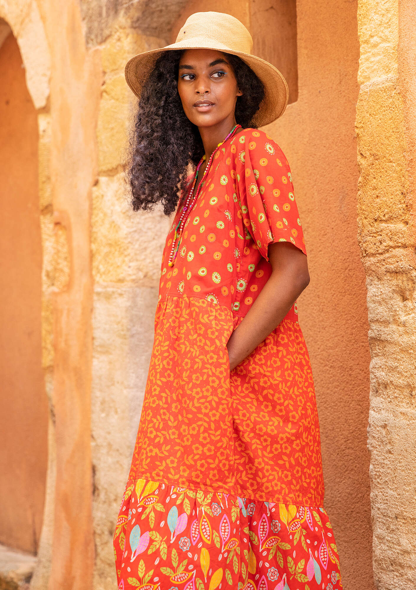 “Havanna” woven dress in organic cotton bright red thumbnail