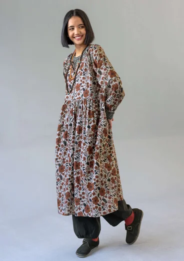 Kukallinen/yksivärinen mekko "Leah” ilmavaa ekopuuvillaa - kastanja/kuviollinen
