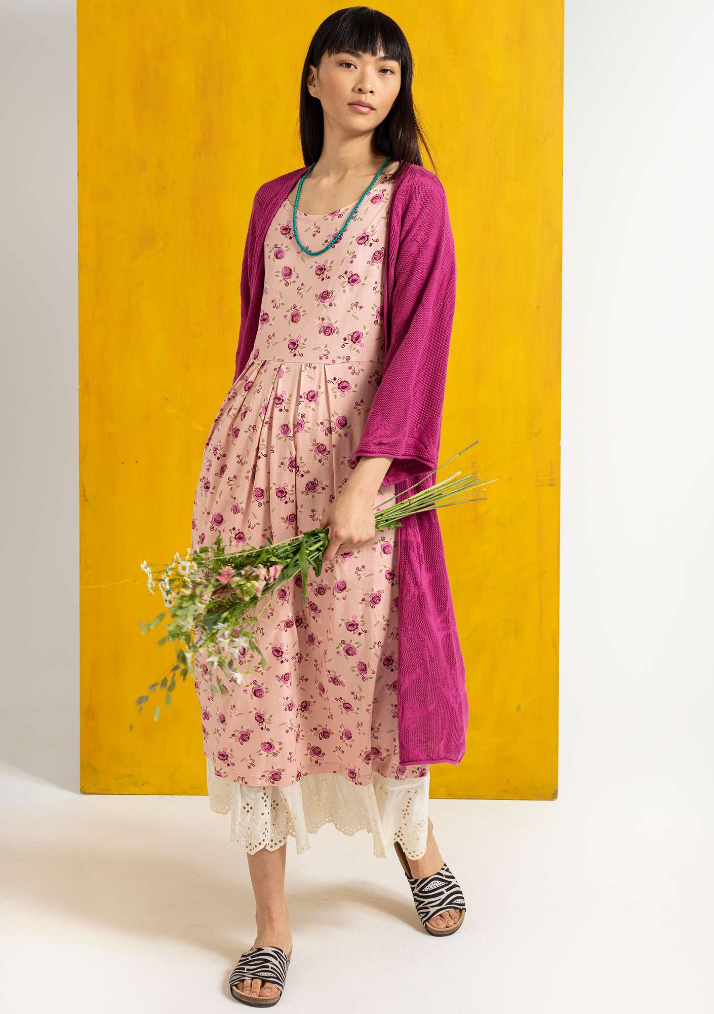 “Kamala” organic cotton pointelle-knit coatigan pink orchid