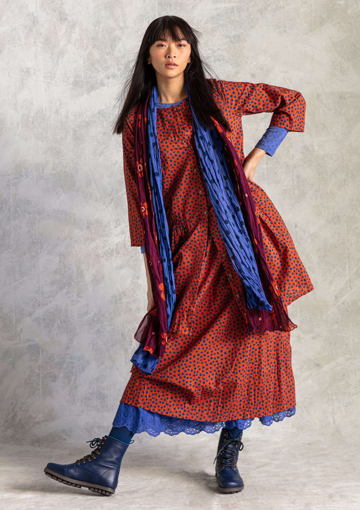 “Alice” woven dress in organic cotton henna/patterned thumbnail