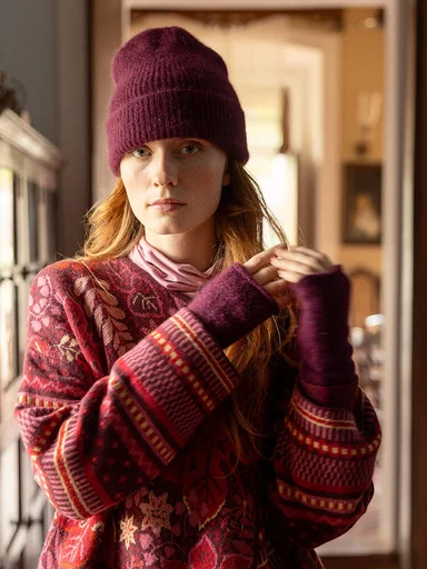 A woman wearing a reddish purple beanie, scarf and fingerless gloves from Gudrun Sjödén. 