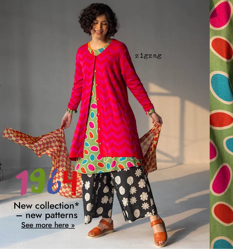 A collage of women wearing colourful patterned clothes from Gudrun Sjödén’s “1964” capsule collection.