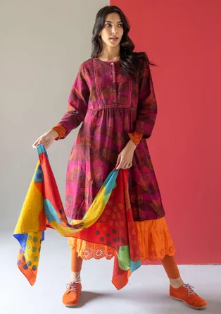 Jurk "Alaska" van geweven biologisch katoen/linnen - aubergine