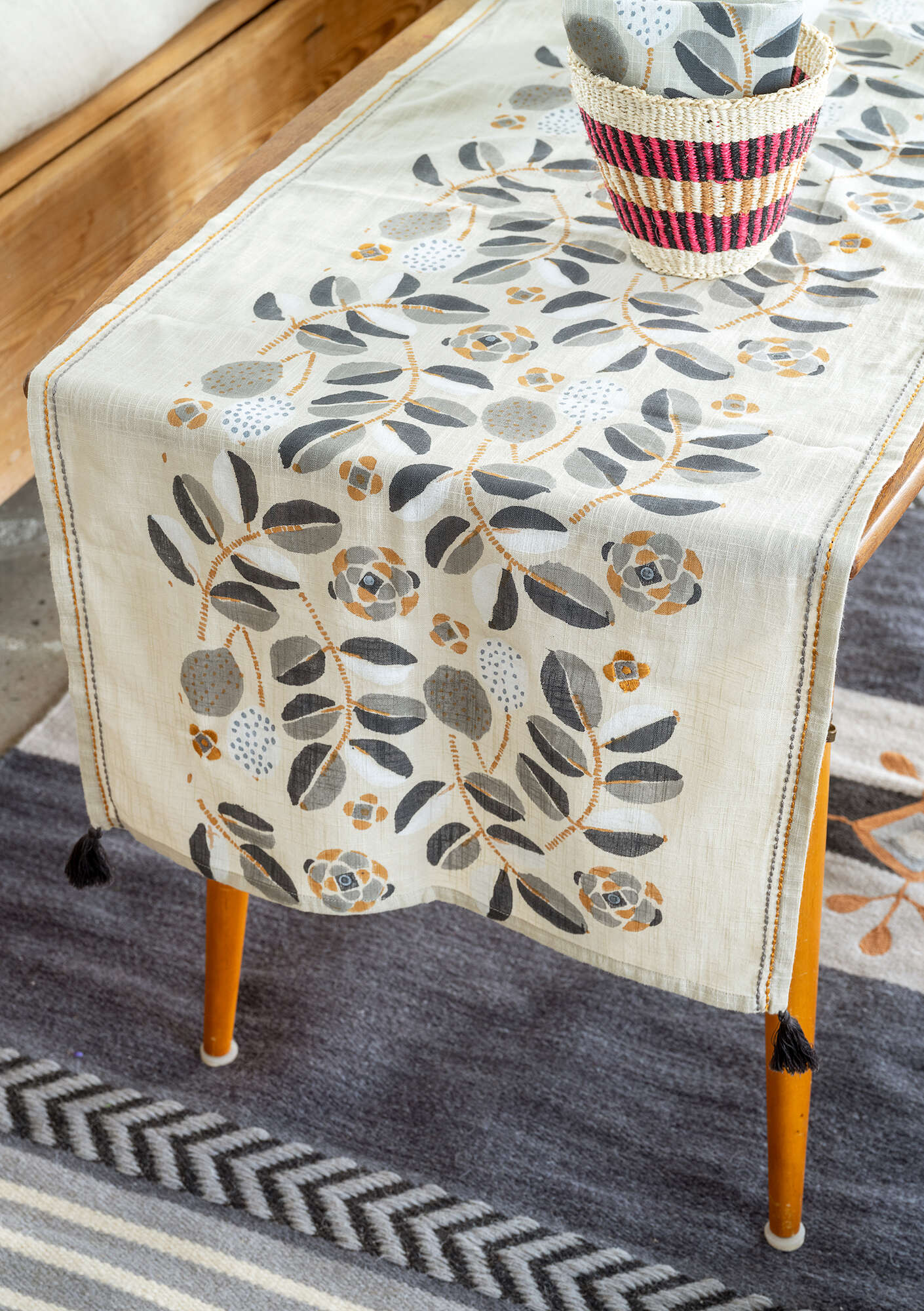  “Tulsi” block-printed table runner in organic cotton. ash gray