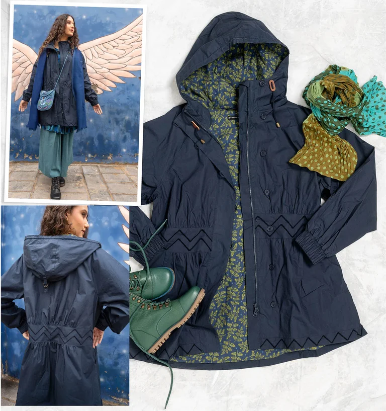 A collage showing a woman wearing a dark blue parka from Gudrun Sjödén. 
