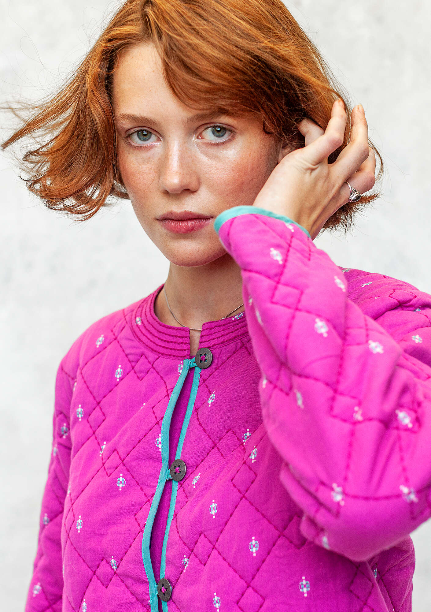 “Signe” woven quilted jacket in organic cotton wild rose thumbnail
