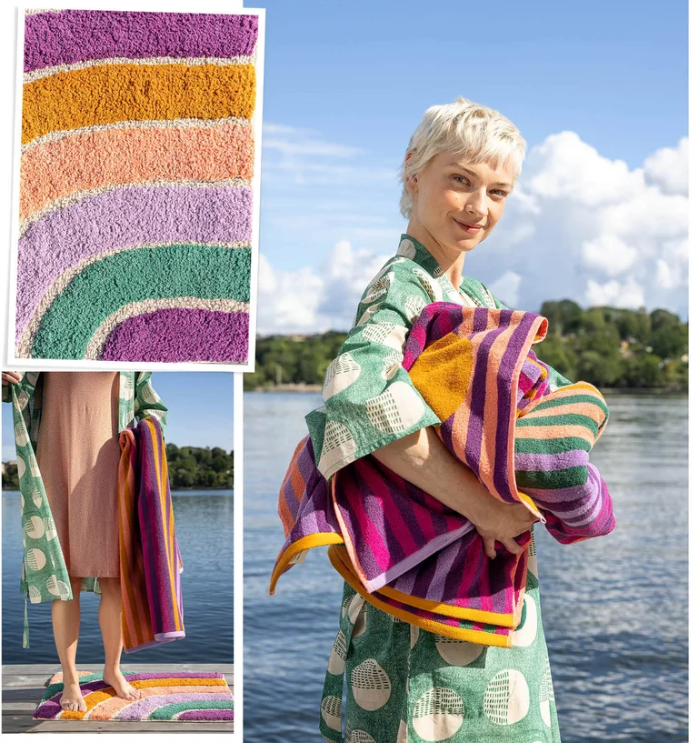 A collage of women holding striped terry towels from Gudrun Sjödén. The collage includes a close-up of a striped, multicoloured bath mat from Gudrun Sjödén. 