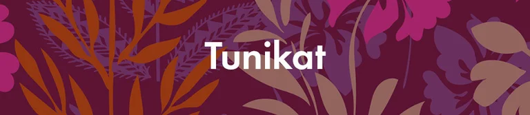 Liila kuvio, jossa valkoinen teksti ”Tunikat”. 