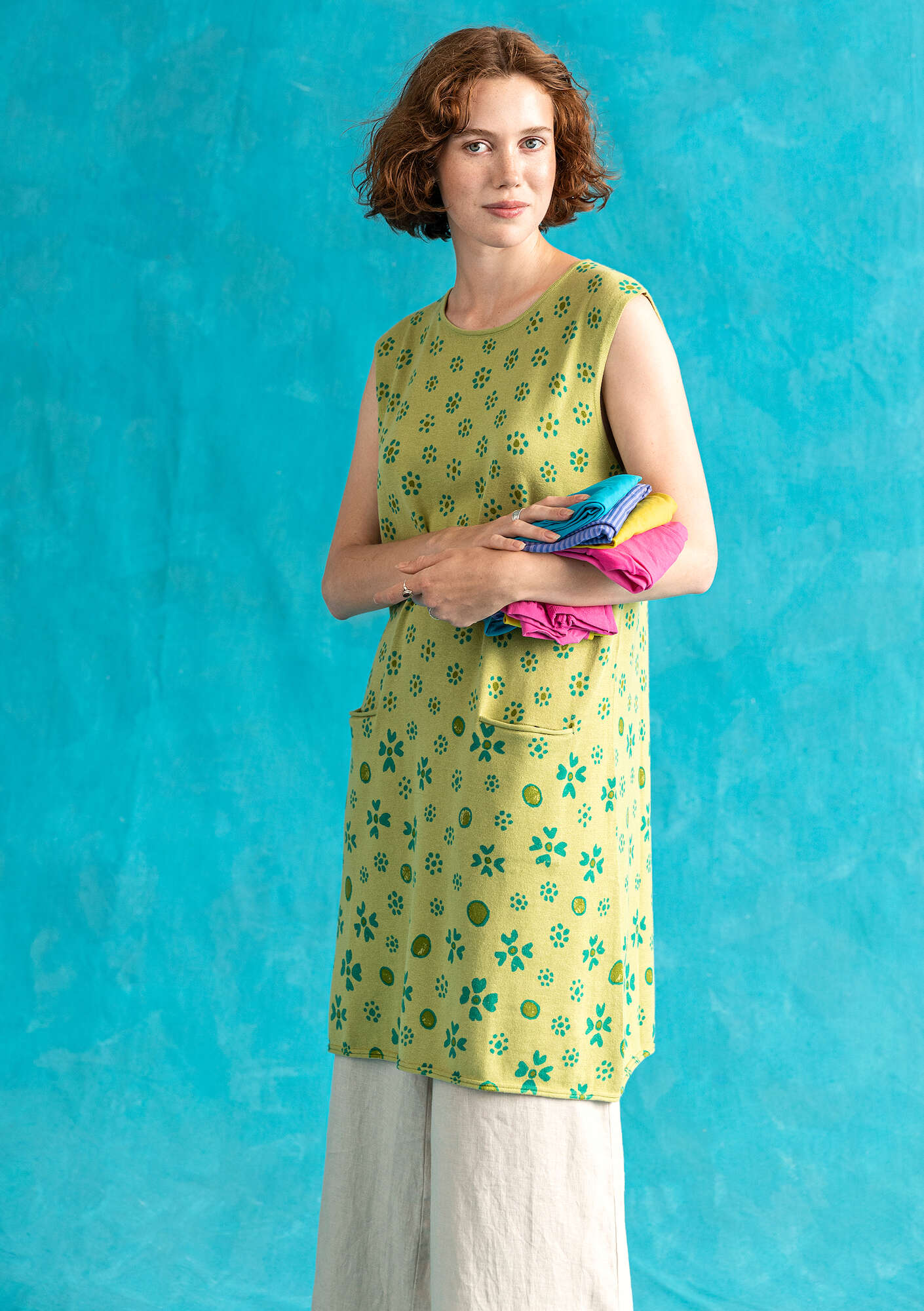 “Iris” knit fabric tunic in organic/recycled cotton pistachio/patterned