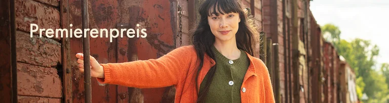 A women wearing Gudrun Sjödén clothing stand against a neutral background, with the text 'Early bird price' on the left.