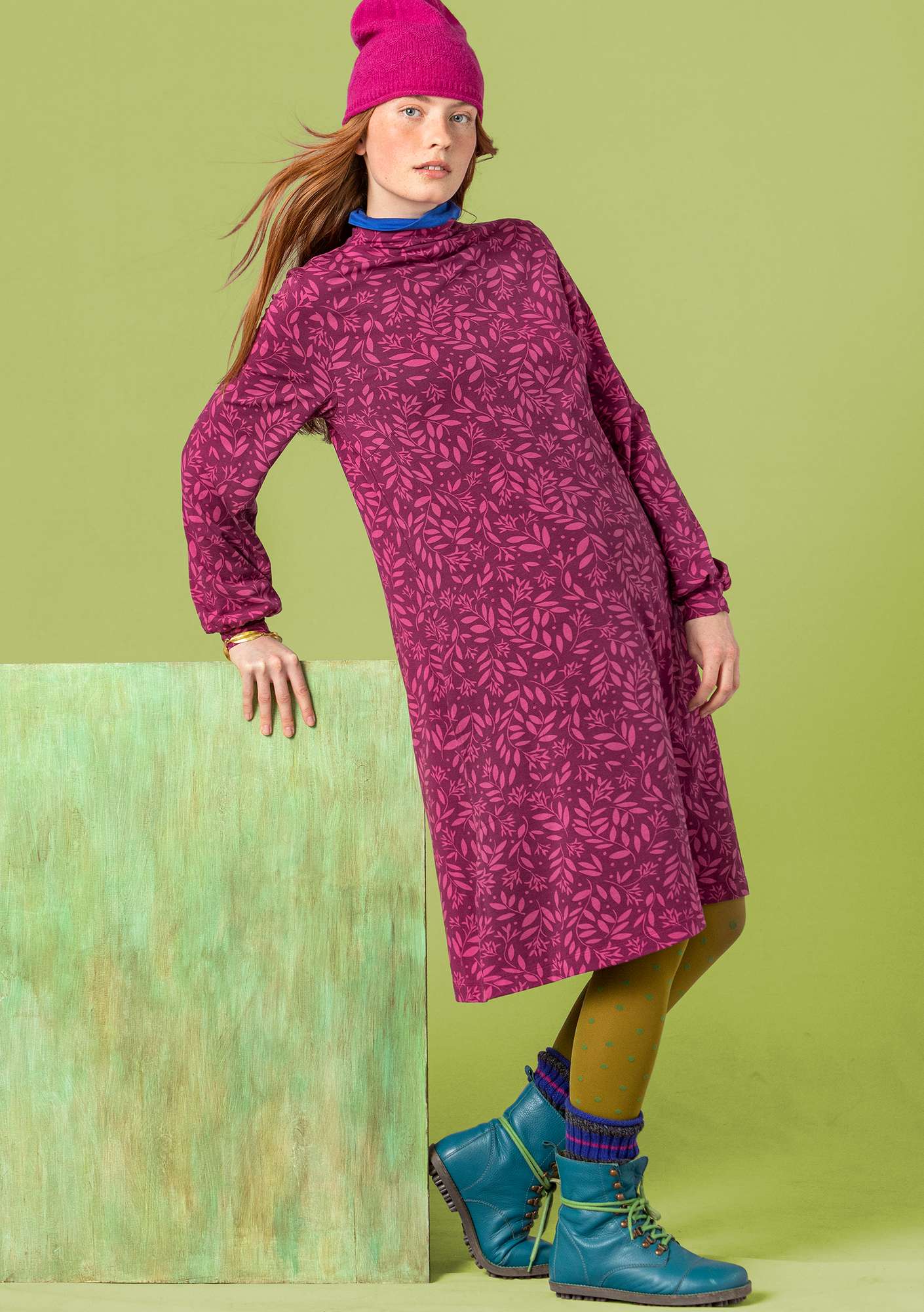“Bladmynta” jersey dress made of organic cotton/modal/elastane pink orchid/patterned thumbnail