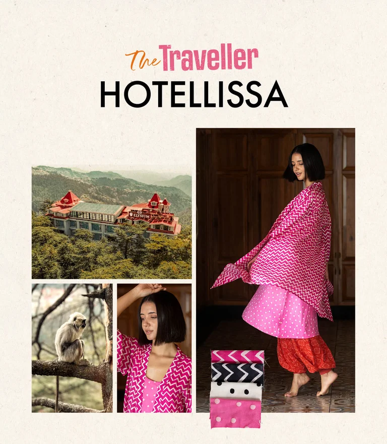 A collage with a woman wearing layers of clothing in shades of pink from Gudrun Sjödén, a large hotel in the middle of a green setting, images of fabric pieces and a monkey.