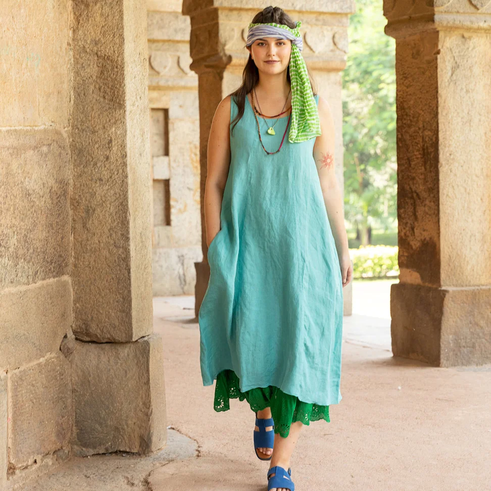 Sleeveless woven linen dress - meadow stream