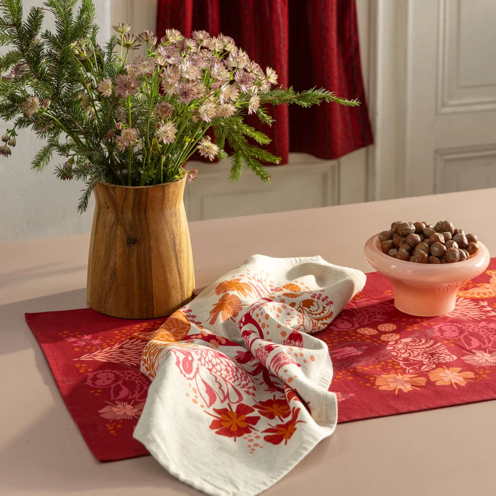 “Alaska Forest” organic cotton table runner - poppy