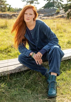 Solid-colour velour cardigan in organic cotton/recycled polyester - Pacific blue