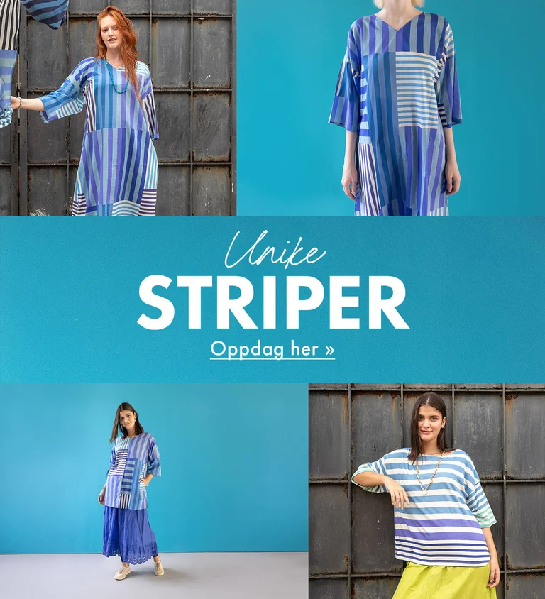 A collage of women wearing striped clothes in shades of blue from Gudrun Sjödén’s Spring Extra collection mixed with close-ups of the striped fabric.
