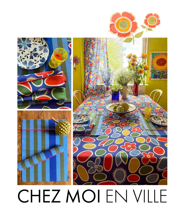 A collage with colorful and patterned home textiles in a kitchen. The collage is decorated with images of watercolor flowers.