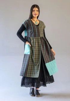 Robe sans manches à carreaux "Kerala" en coton biologique - noir