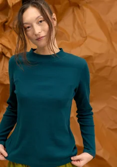 Long-sleeve mock neck top in organic cotton jersey - dark jade