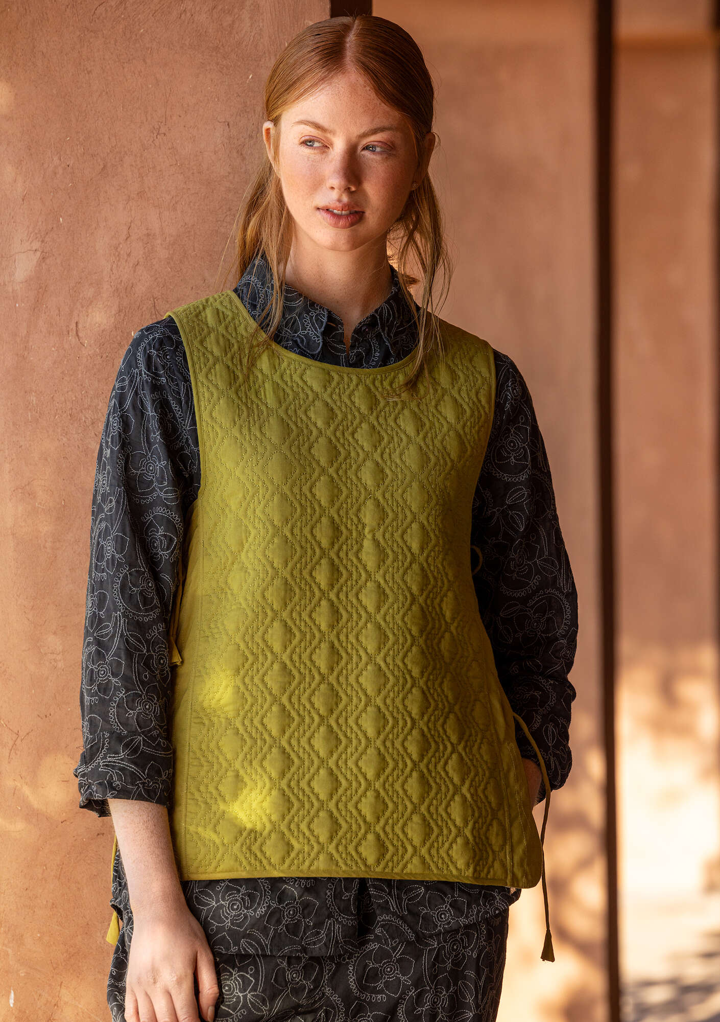 “Noor” organic cotton quilted waistcoat olive thumbnail