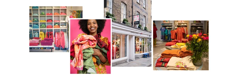 A collage of various pictures from Gudrun Sjödén’s stores. The collage is decorated with standout flowers.
