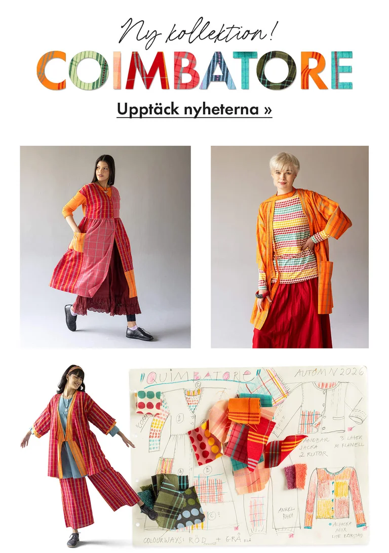 Ett kollage med bilder i olika storlekar på kvinnor som bär färgglada plagg från Gudrun Sjödéns höstkollektion 2026. I kollaget finns även tygklipp i olika färger och ett uppslag från Gudruns skissblock.