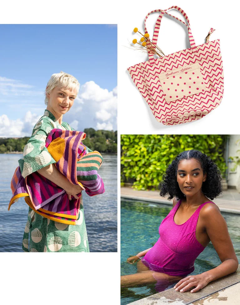 Ett kollage med en kvinna iklädd en kimono från Gudrun Sjödén, en kvinna iklädd en lila baddräkt från Gudrun Sjödén och en frilagd, mönstrad tygväska från Gudrun Sjödén.