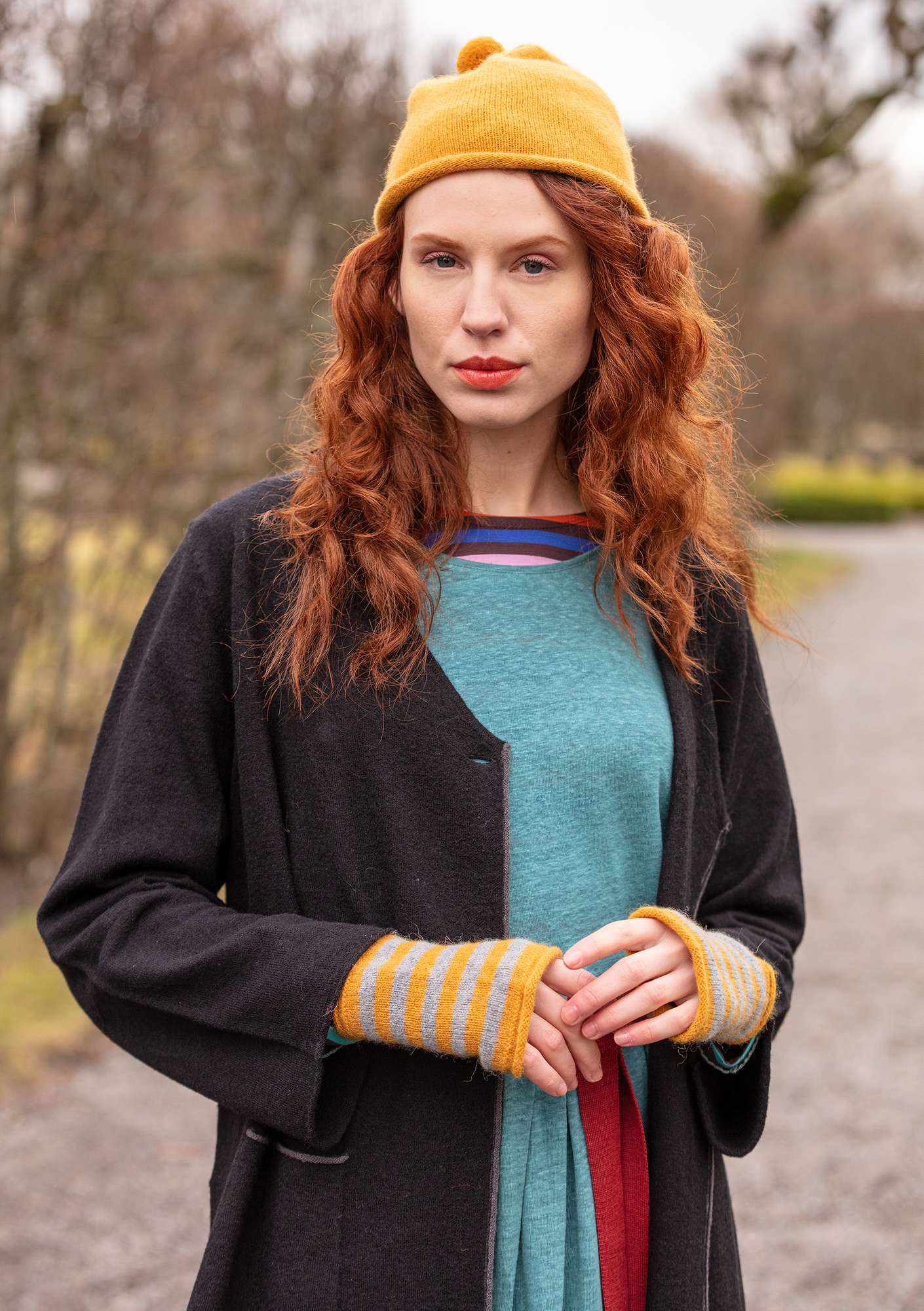 Solid-colour and striped wraparound cardigan crafted from felted wool black thumbnail