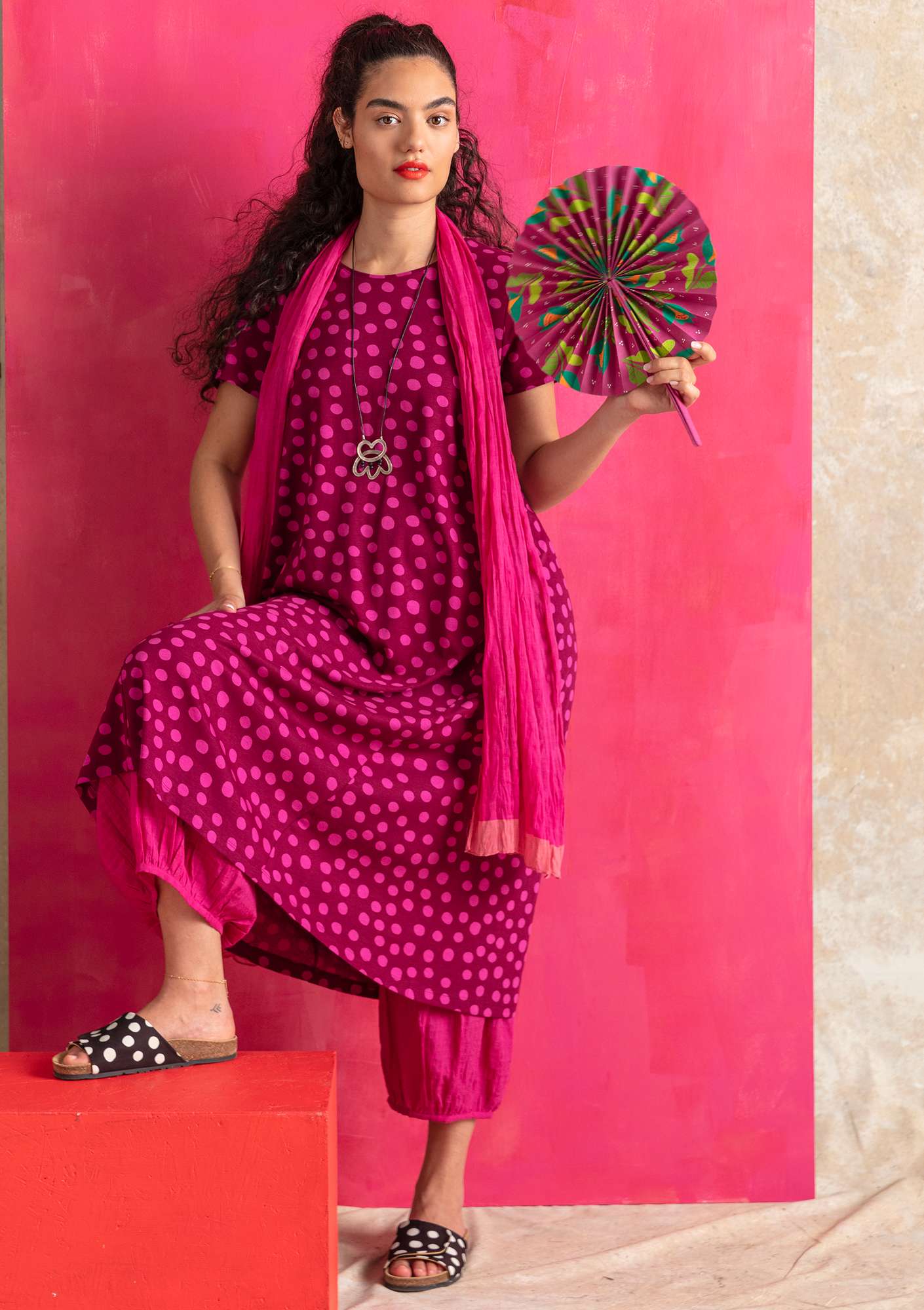 “Cordelia” organic cotton/modal jersey dress purple red/patterned thumbnail