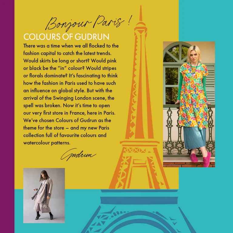 A collage showing a graphic image of the Eiffel Tower with two images of women wearing clothes from Gudrun Sjödén’s Paris collection.  