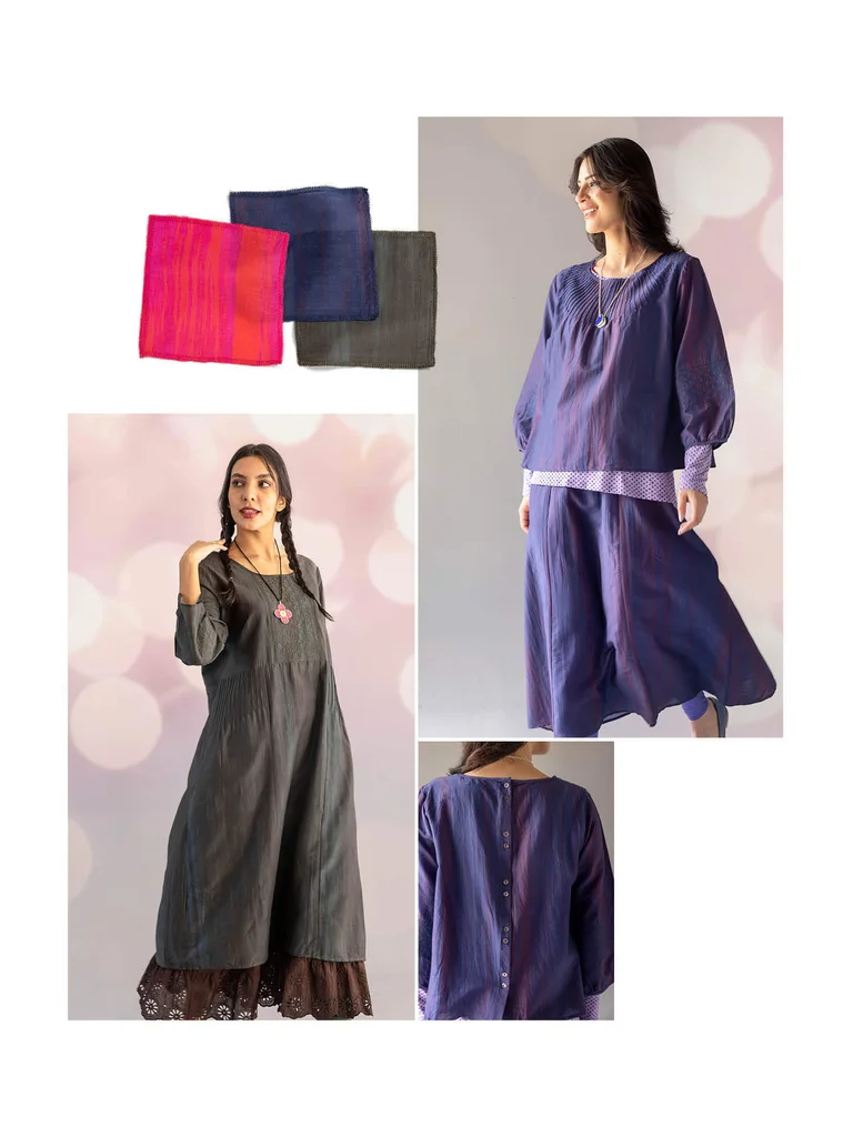 A collage showing pieces of fabric and women wearing party clothes from Gudrun Sjödén’s 2025 Christmas collection.  