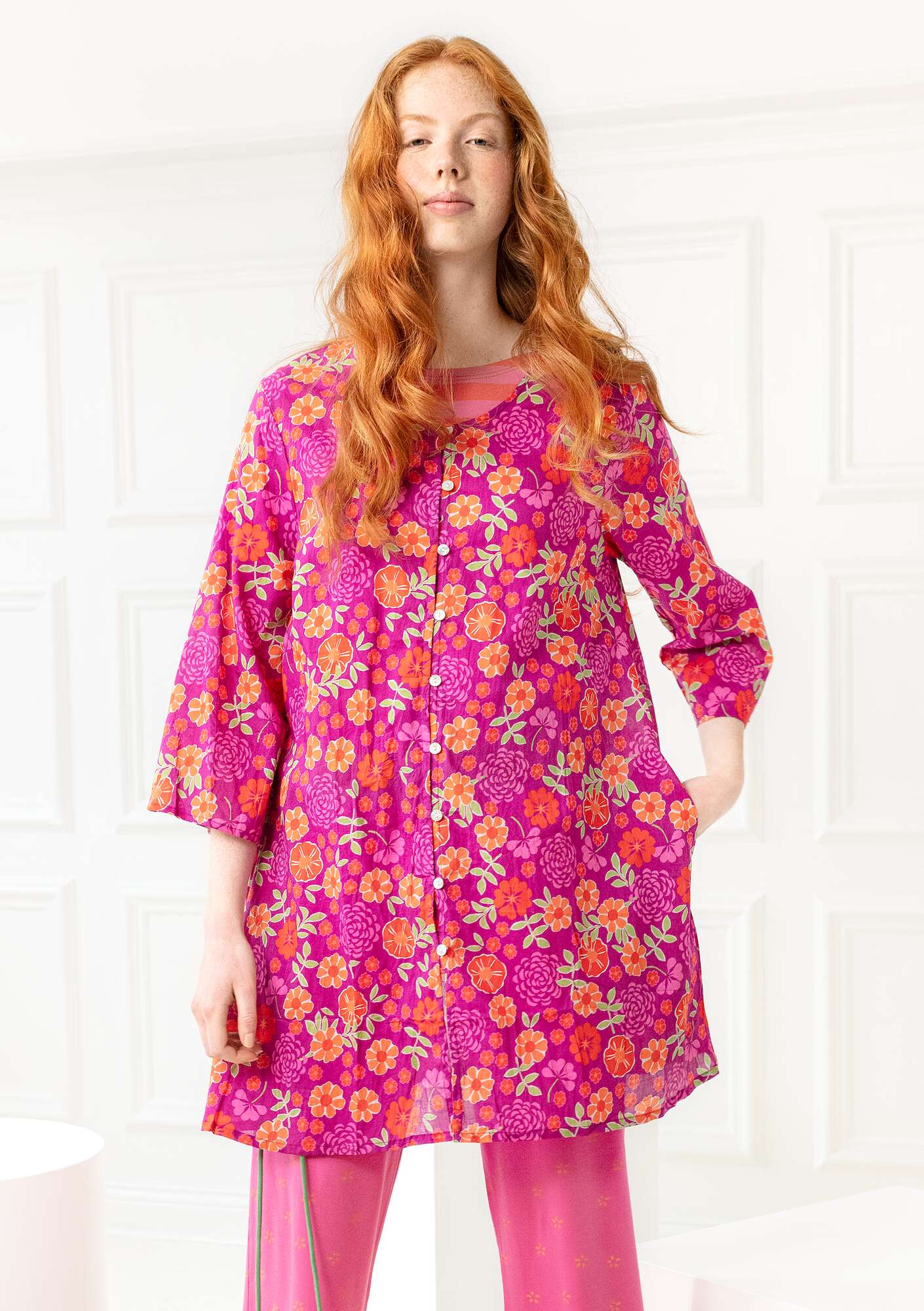 “Bouquet” tunic in woven organic cotton pink orchid