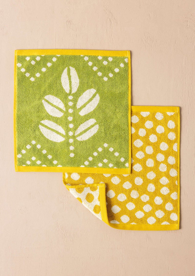 “Leafy” pack of 2 organic cotton face cloths kiwi