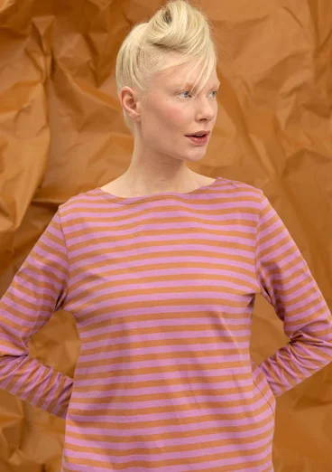 Striped long-sleeved top in organic cotton - cinnamon/hydrangea
