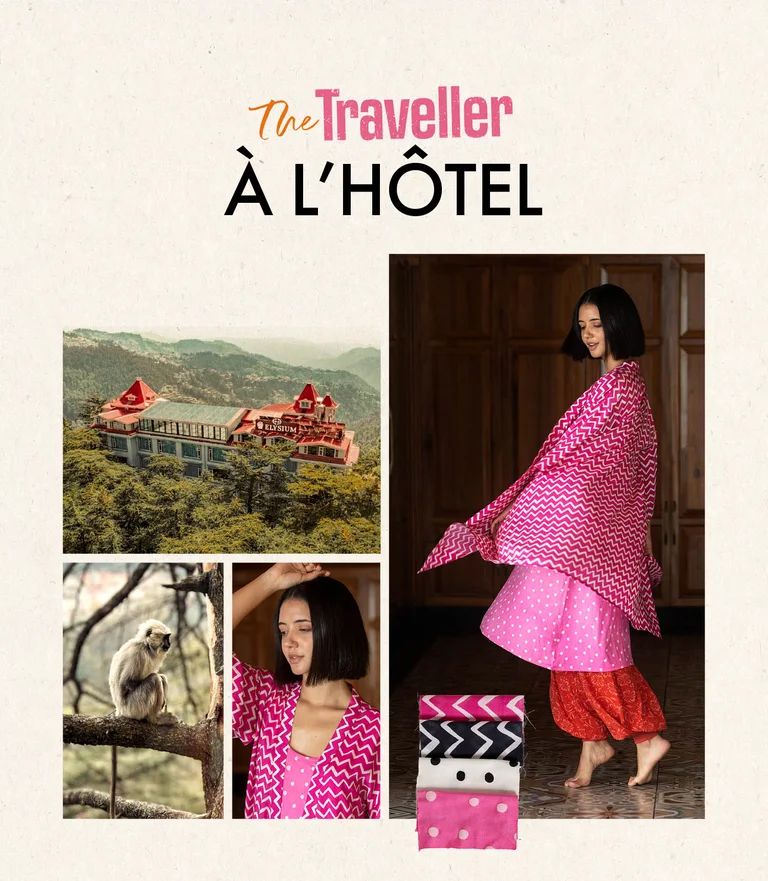 A collage with a woman wearing layers of clothing in shades of pink from Gudrun Sjödén, a large hotel in the middle of a green setting, images of fabric pieces and a monkey.