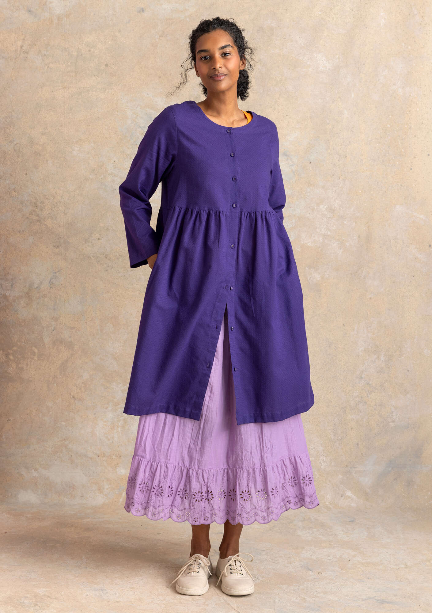 ヌキテパ linen solid gather dress パープル Vendela” woven dress in organic cotton gudrunsjoden.com