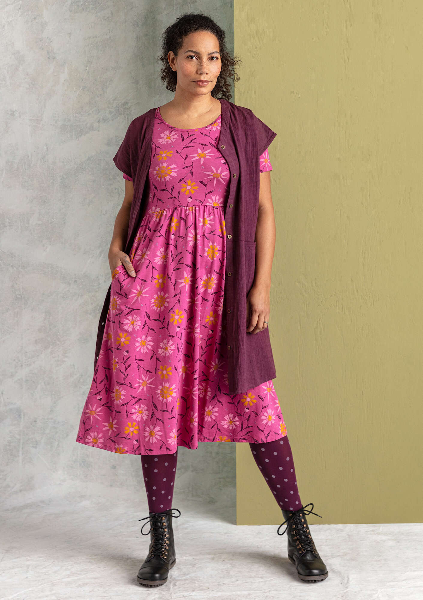 “Isolde” jersey dress in organic cotton/modal pink orchid/patterned