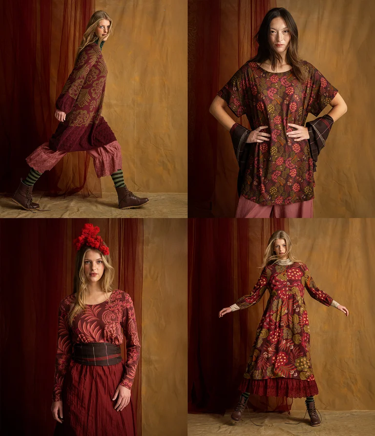 A collage with several pictures of women wearing clothing from Gudrun Sjödén’s fall collection 2026.