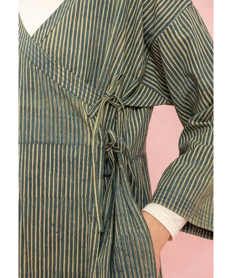 A close-up of the tie feature on “Rose hip” wrap dress from Gudrun Sjödén’s 2026 Spring collection. 