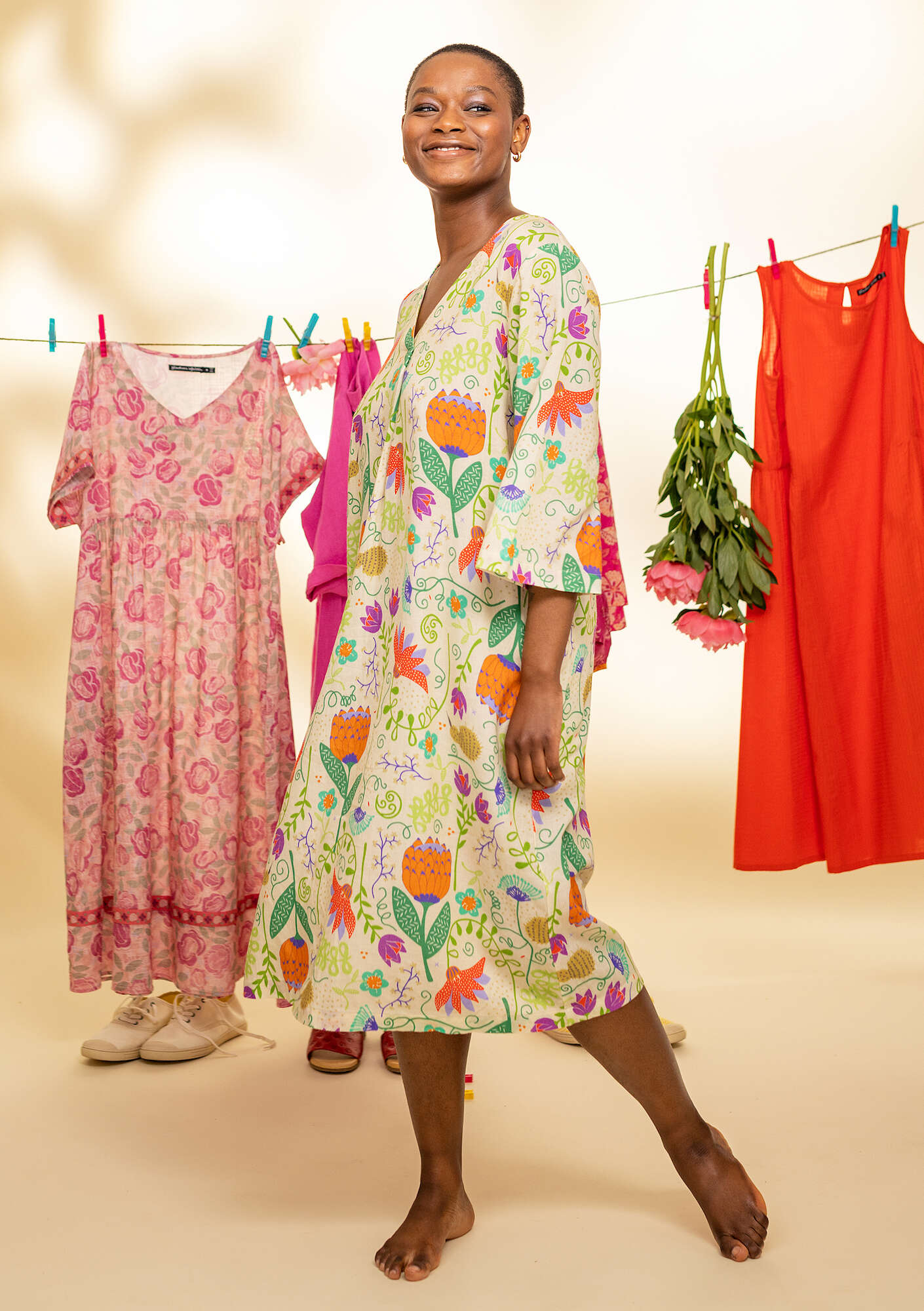 “Kiwi bird” woven organic cotton dress multicoloured