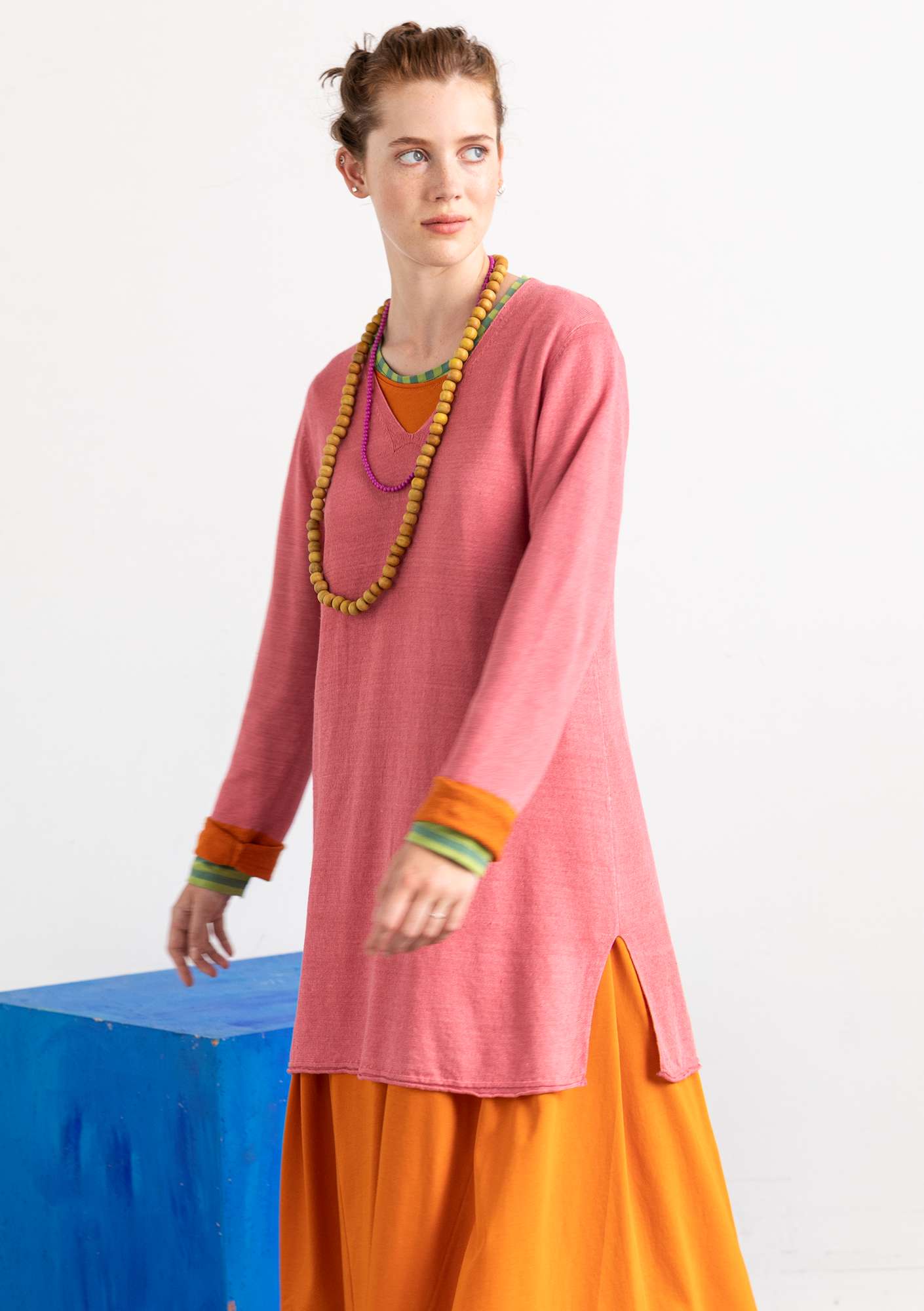 Tunic in a recycled linen knit fabric flamingo