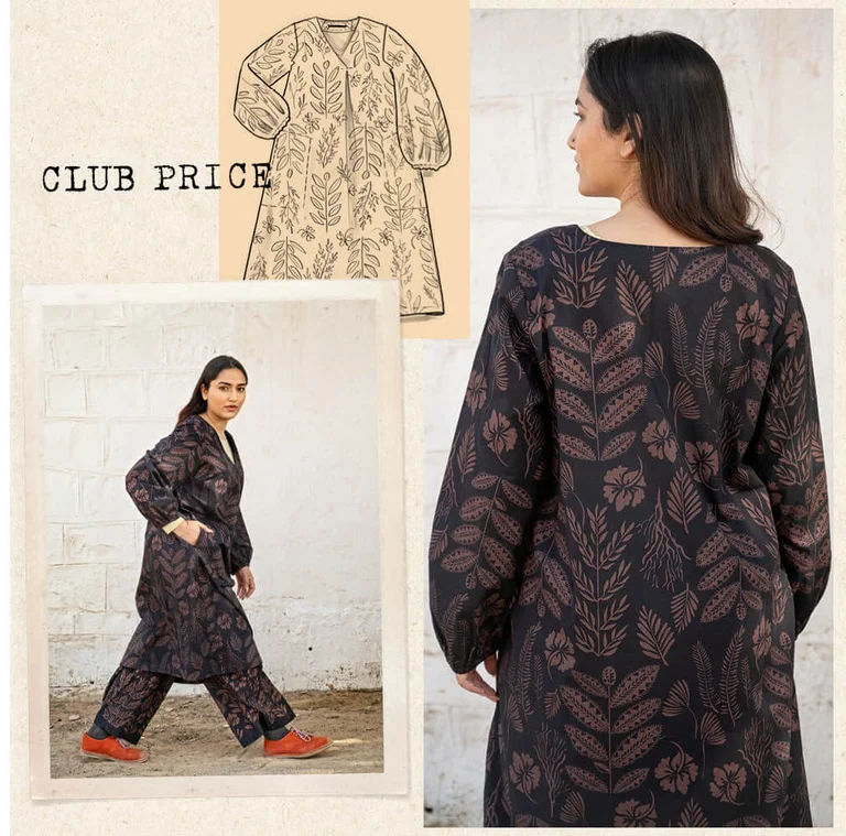 A collage of a woman wearing a patterned dress from Gudrun Sjödén. 